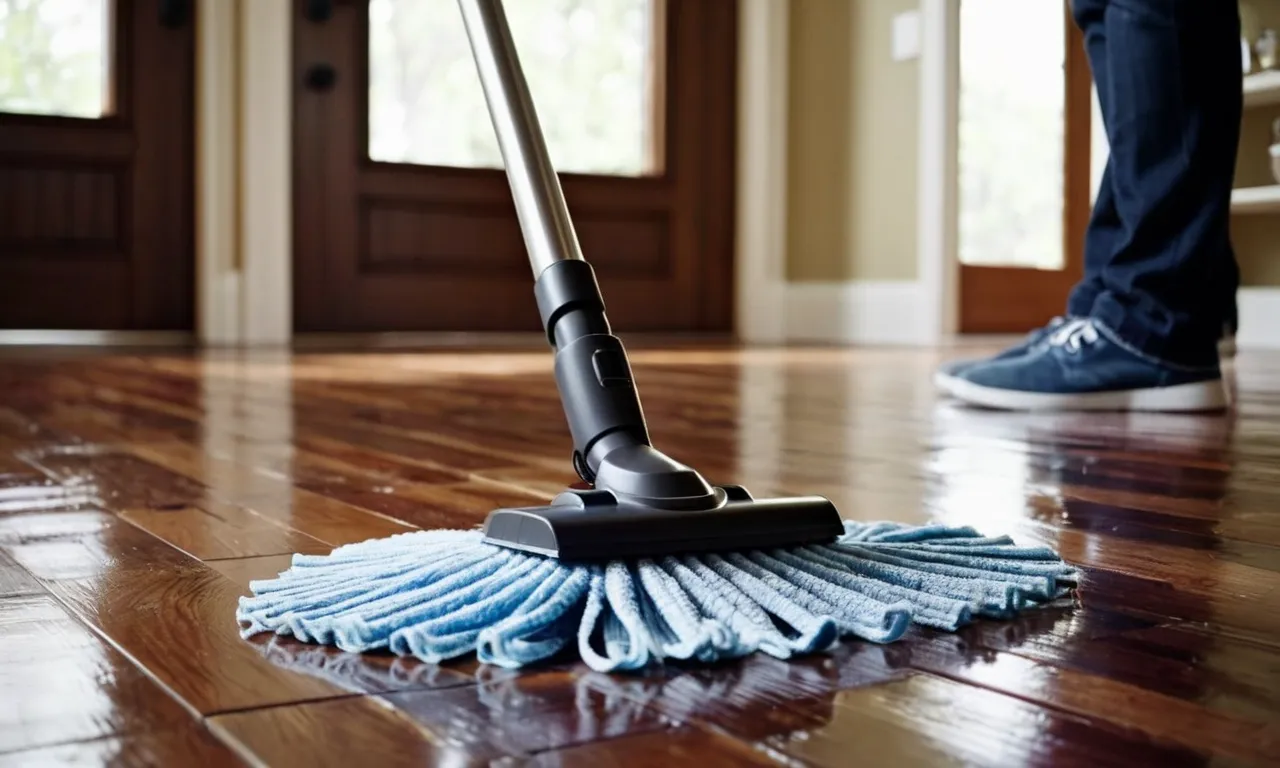A photo capturing a shiny hardwood floor being effortlessly cleaned by a spin mop, showcasing its effectiveness and suitability for maintaining the floor's pristine condition.
