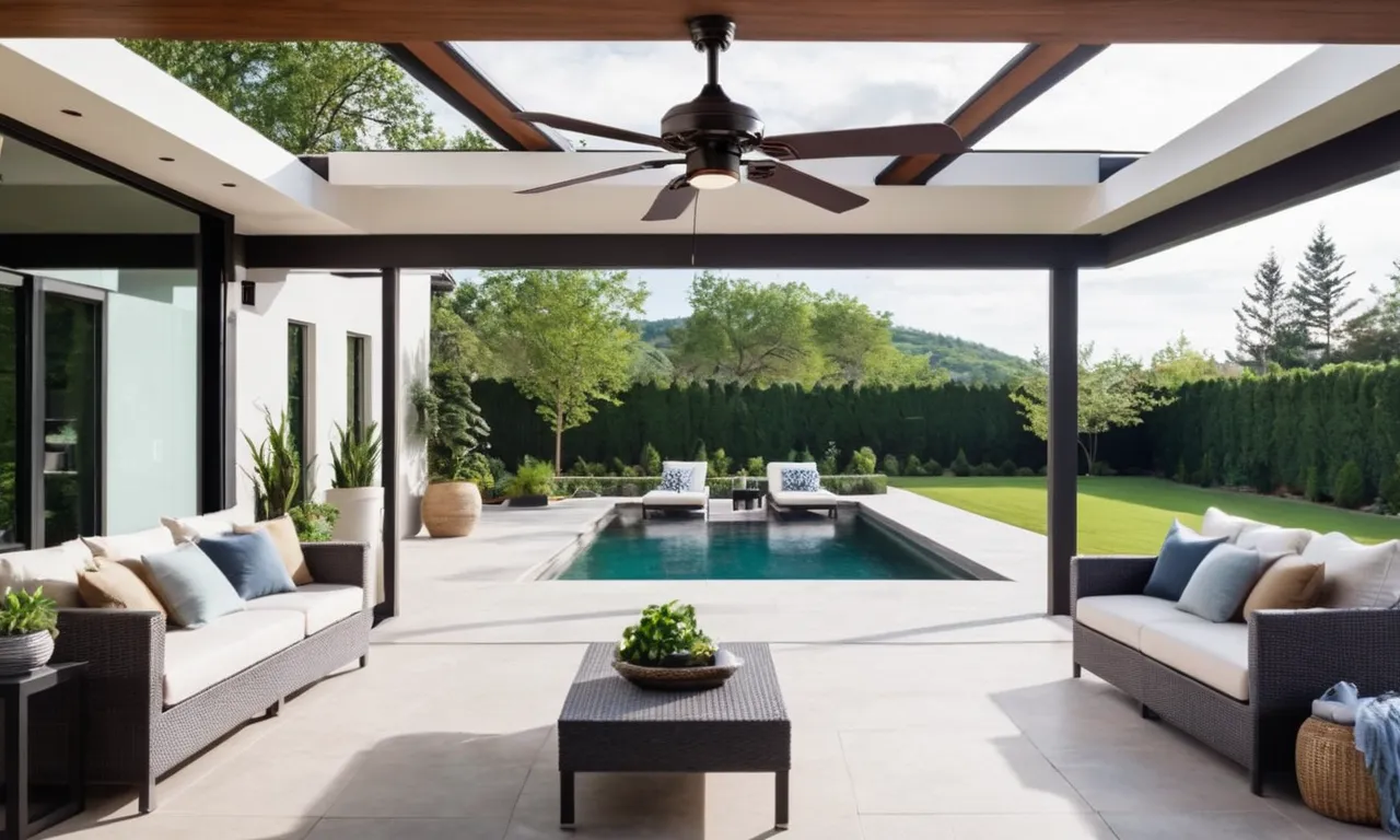A captivating photo showcases a picturesque outdoor space with a stylish patio adorned with the best outdoor ceiling fan, exuding a perfect blend of comfort and aesthetics.
