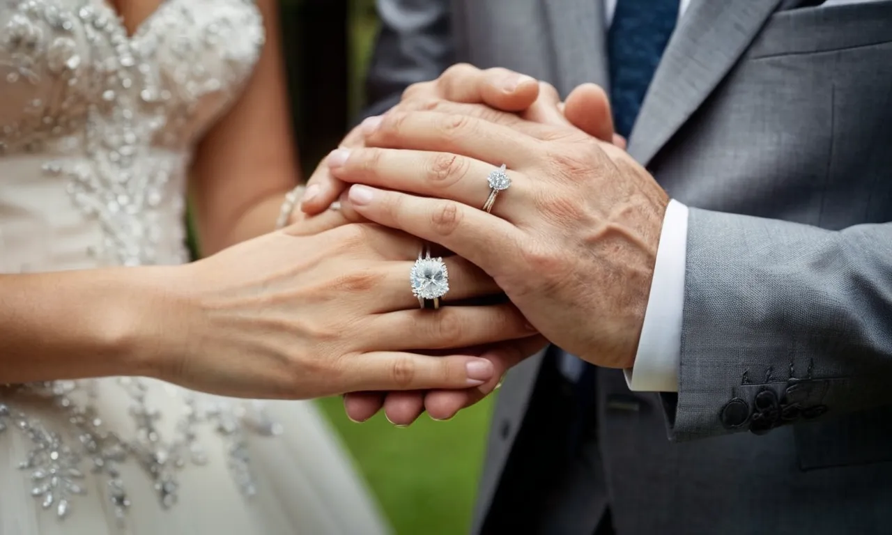 A close-up shot of a couple's hands, adorned with silver rings, clasping each other tightly, symbolizing their enduring love and celebrating their 25th wedding anniversary.