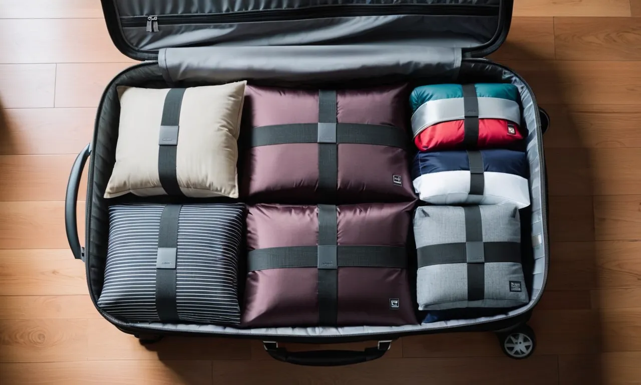 A close-up photo capturing a neatly packed suitcase with compression packing cubes, showcasing their efficiency and organization for travel.