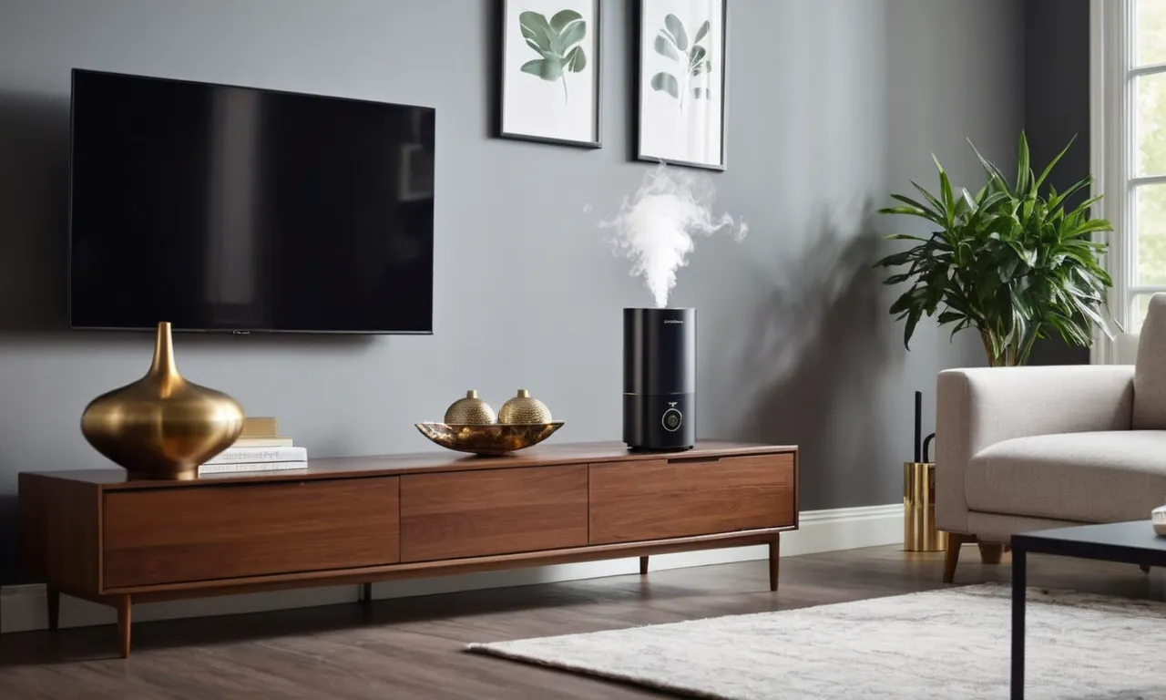 A close-up photo capturing a sleek, modern HVAC scent diffuser seamlessly blending into a stylish home decor, exuding a gentle mist of fragrant aroma, creating a cozy and inviting atmosphere.