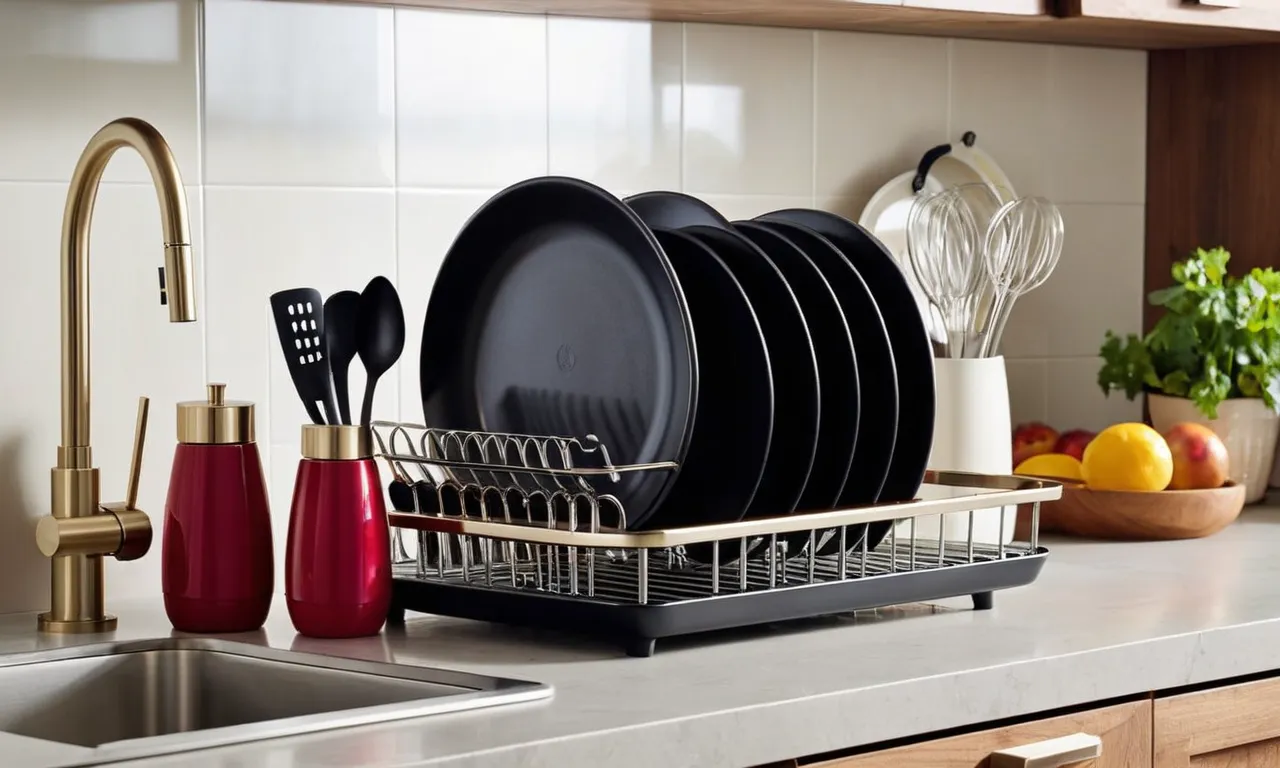 A close-up photo of a sleek, compact dish drying rack neatly nestled on a small kitchen countertop, showcasing its efficient design and ability to maximize space in cramped kitchens.