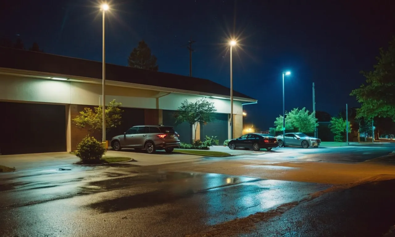 A captivating photograph showcasing a nighttime scene illuminated by powerful outdoor motion sensor flood lights, casting a bright and wide beam of light to enhance security and visibility in the surrounding area.