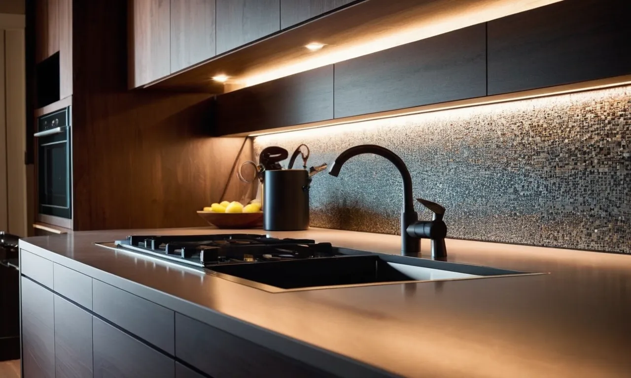 A close-up photograph capturing the sleek design of an under cabinet LED lighting system, showcasing its hardwired installation and illuminating a countertop with a soft, warm glow.