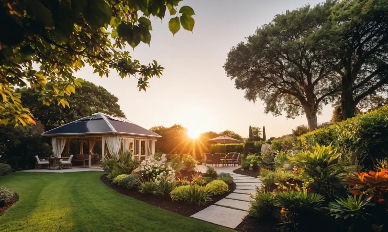 A stunning photograph capturing the soft glow of a solar-powered dusk to dawn light illuminating a tranquil garden, creating a magical ambiance as the sun sets on the horizon.