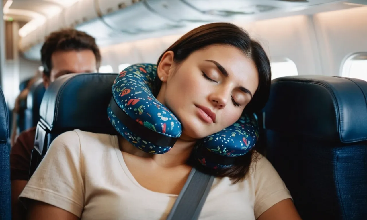 A close-up shot of a traveler peacefully sleeping on a plane, with a luxurious neck pillow supporting their head and neck, ensuring a comfortable and restful journey.