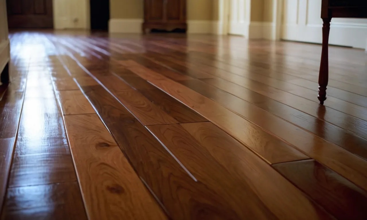 A close-up shot of a beautifully finished hardwood floor, displaying a glossy and smooth surface that showcases the impeccable results achieved with the best water-based polyurethane.