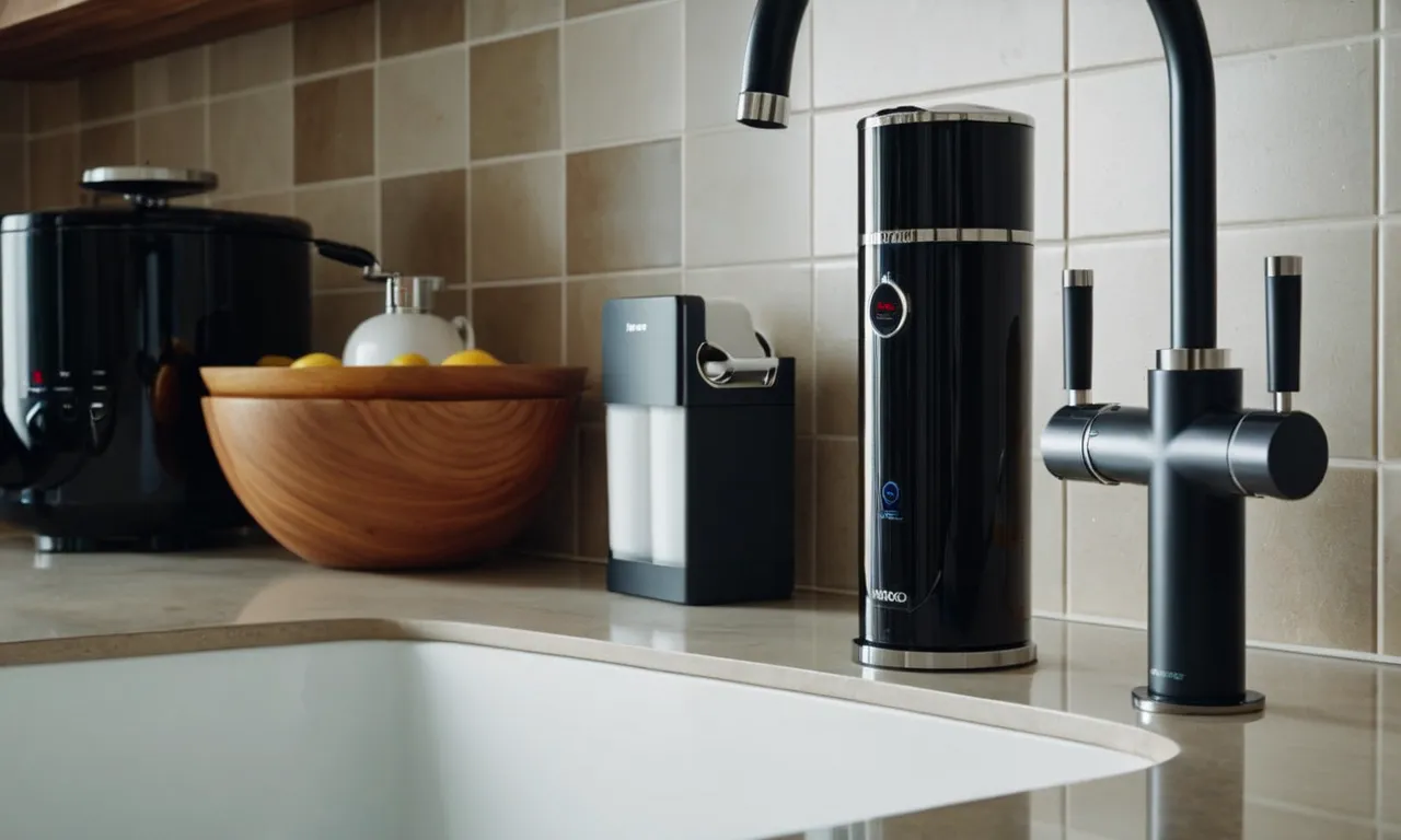 A close-up shot capturing a sleek under sink water filter system installed in a well-equipped kitchen, providing clean and pure water for a healthy lifestyle.