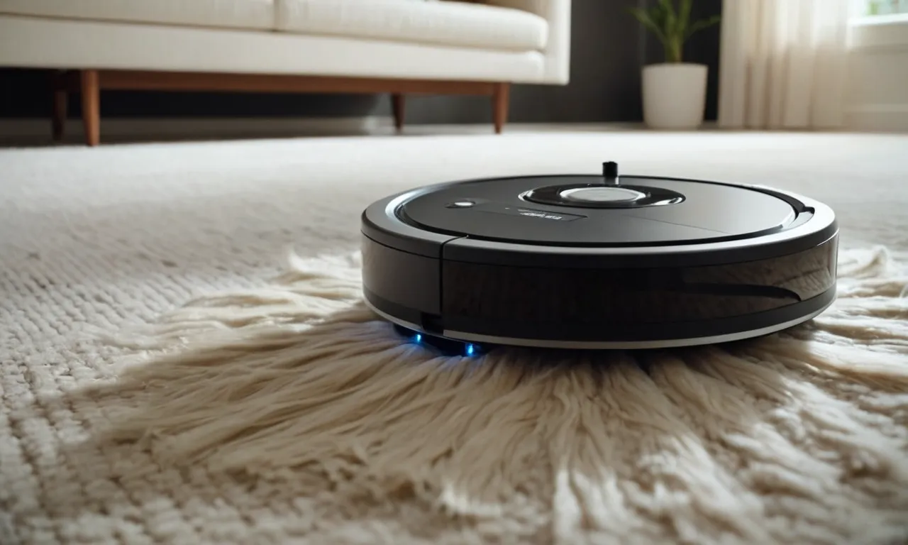 A close-up shot of a sleek robot vacuum and mop gliding effortlessly across a floor covered in pet hair, capturing each strand with precision and leaving a pristine, hair-free surface behind.