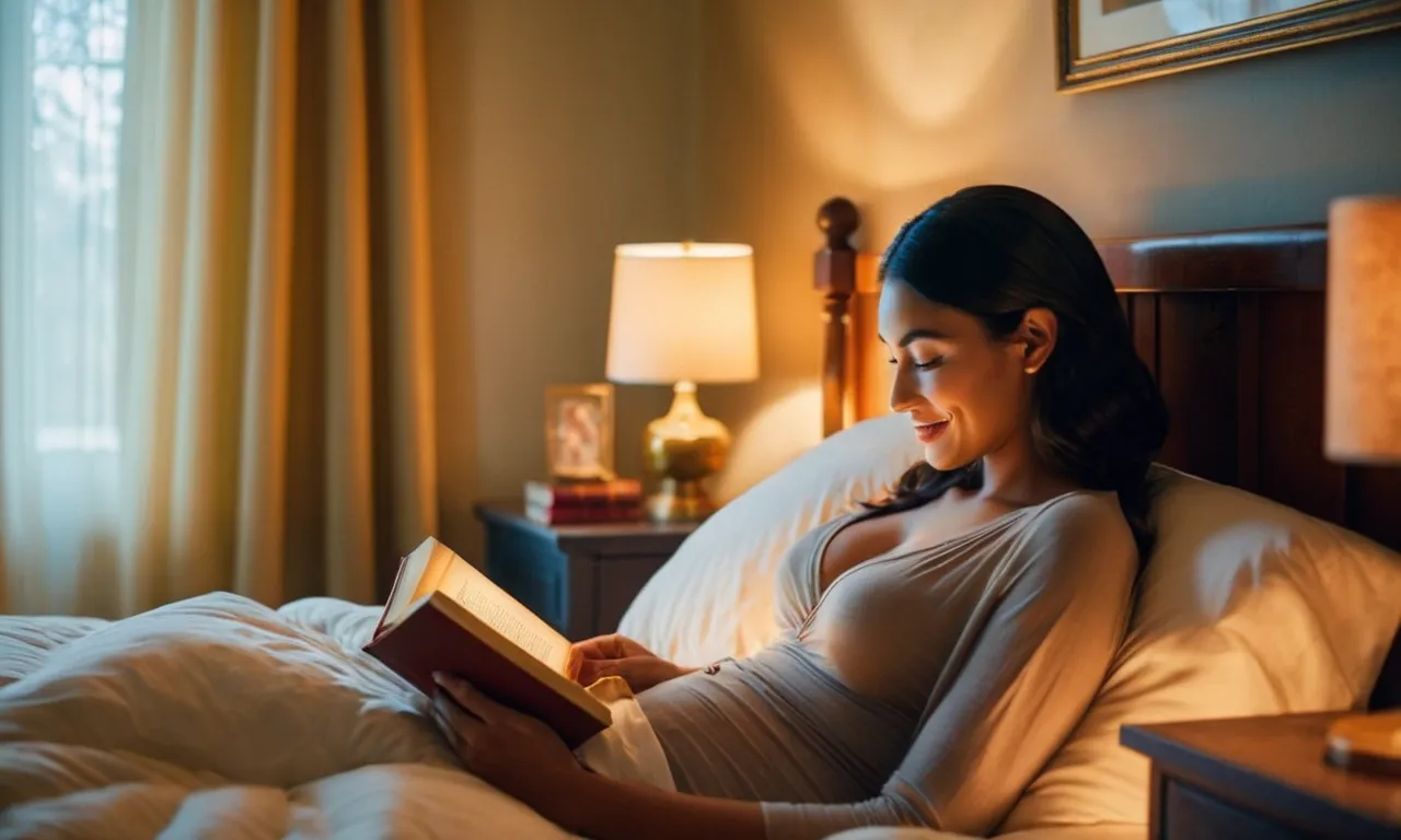 A cozy bedroom scene captures a warm, golden glow streaming through sheer curtains, illuminating a person tucked under covers, engrossed in a book with a content smile.