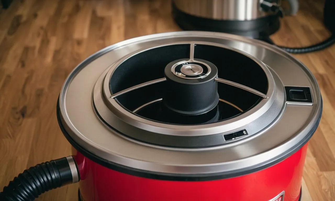 A close-up shot capturing a sleek, modern ash vacuum specifically designed for pellet stoves. Its powerful suction, compact size, and specialized attachments make it the perfect tool for hassle-free cleaning.