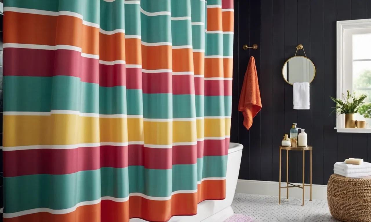A vibrant, waterproof shower curtain with a modern geometric pattern hangs gracefully in a walk-in shower, adding a pop of color and style to the serene and spacious bathroom.