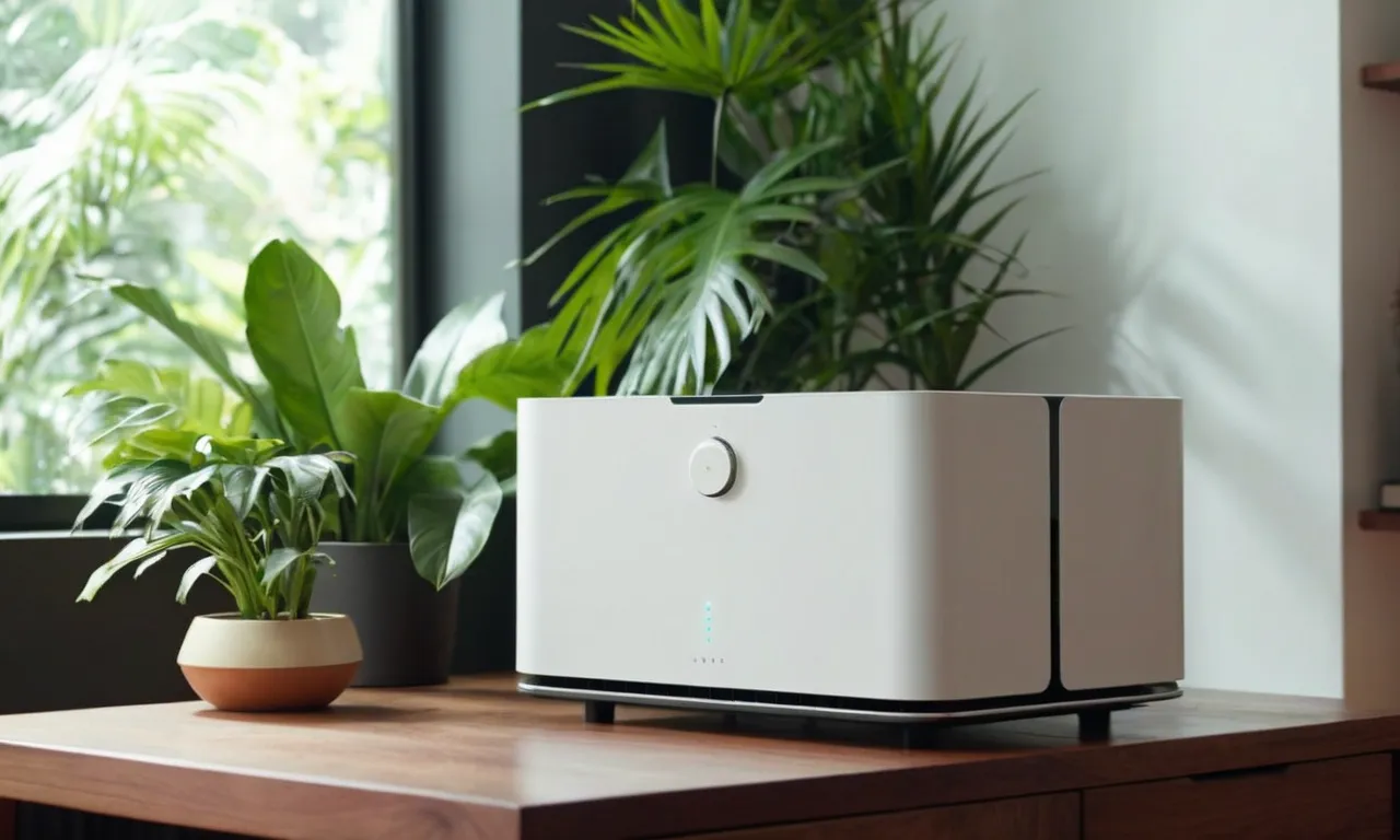 A close-up shot of a sleek, modern air purifier and humidifier combo sitting on a table, surrounded by lush green plants, creating a serene and clean atmosphere.
