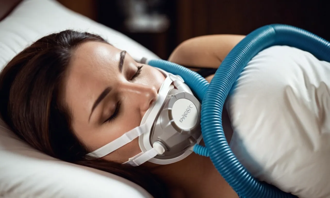 A photo capturing a side sleeper comfortably resting on a plush CPAP pillow, with the mask securely in place, ensuring a peaceful night's sleep and optimal breathing.