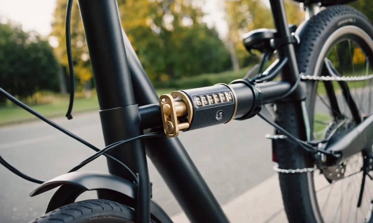 A close-up shot capturing a sturdy, heavy-duty bike lock securely wrapped around the frame of an electric bike, highlighting the importance of protecting valuable electric bikes from theft.