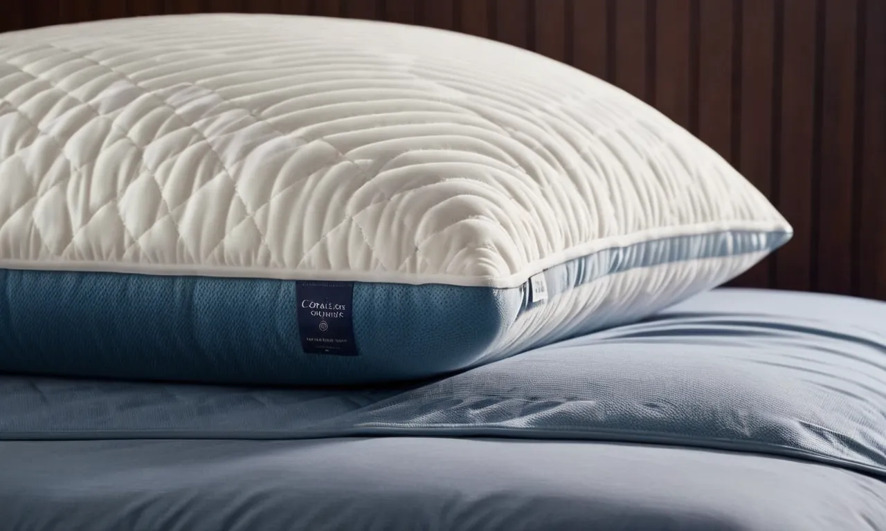 A close-up shot of a luxurious, memory foam pillow with ergonomic design, providing optimal support for the neck, offering relief from neck pain.