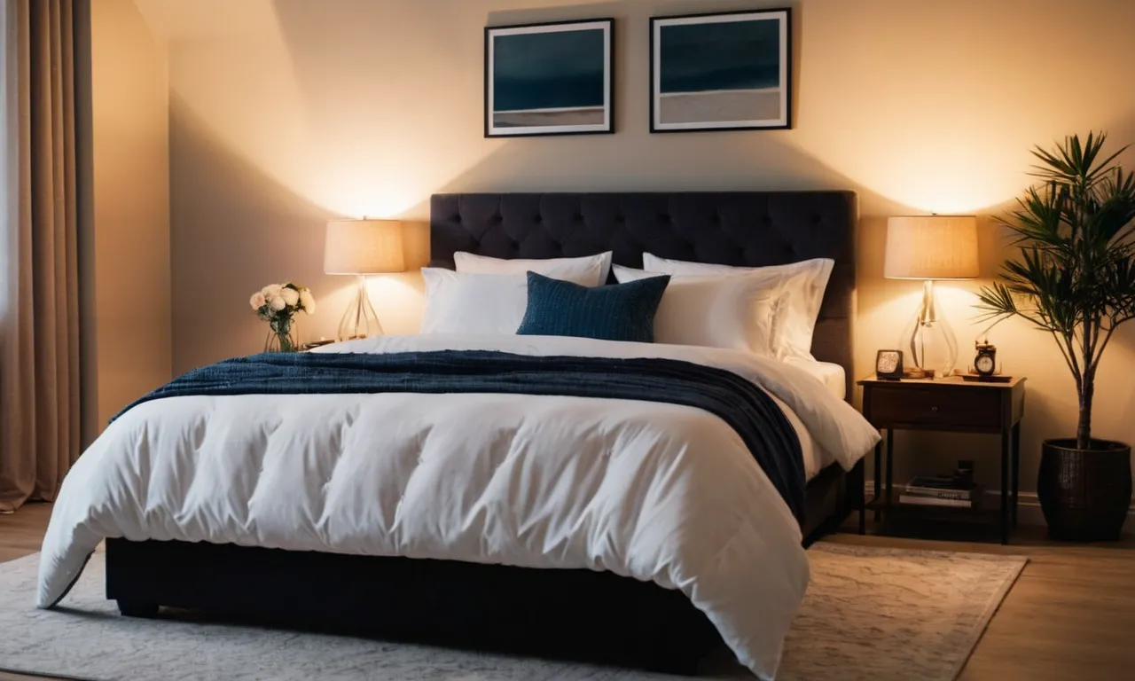 A serene bedroom illuminated by soft, warm LED lights, casting a gentle glow on the cozy bed, creating the perfect ambiance for a peaceful and restful sleep.