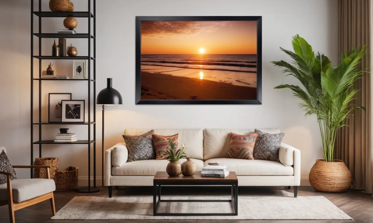 A stunning photograph capturing a vibrant sunset over a serene beach, framed in a sleek black frame, perfectly complementing the elegant decor of a contemporary living room.