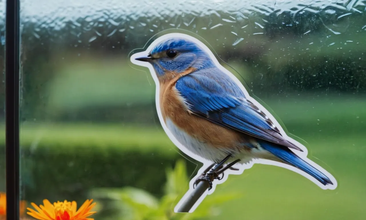 A close-up photograph capturing a delicate, bluebird-shaped window sticker against a clear glass background, serving as an effective deterrent and ensuring the safety of birds.