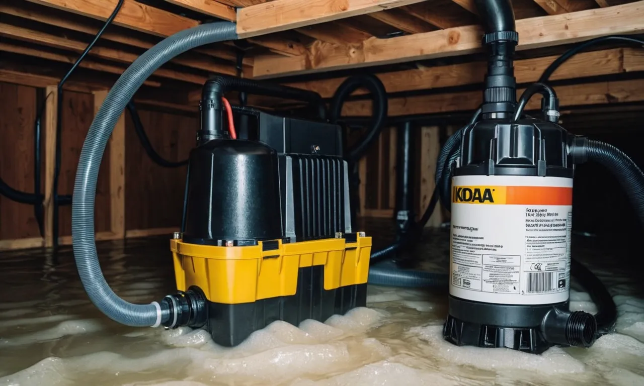 The photo captures a sturdy and efficient sump pump installed in a crawl space, safeguarding the area from water damage and ensuring optimal protection for the space.