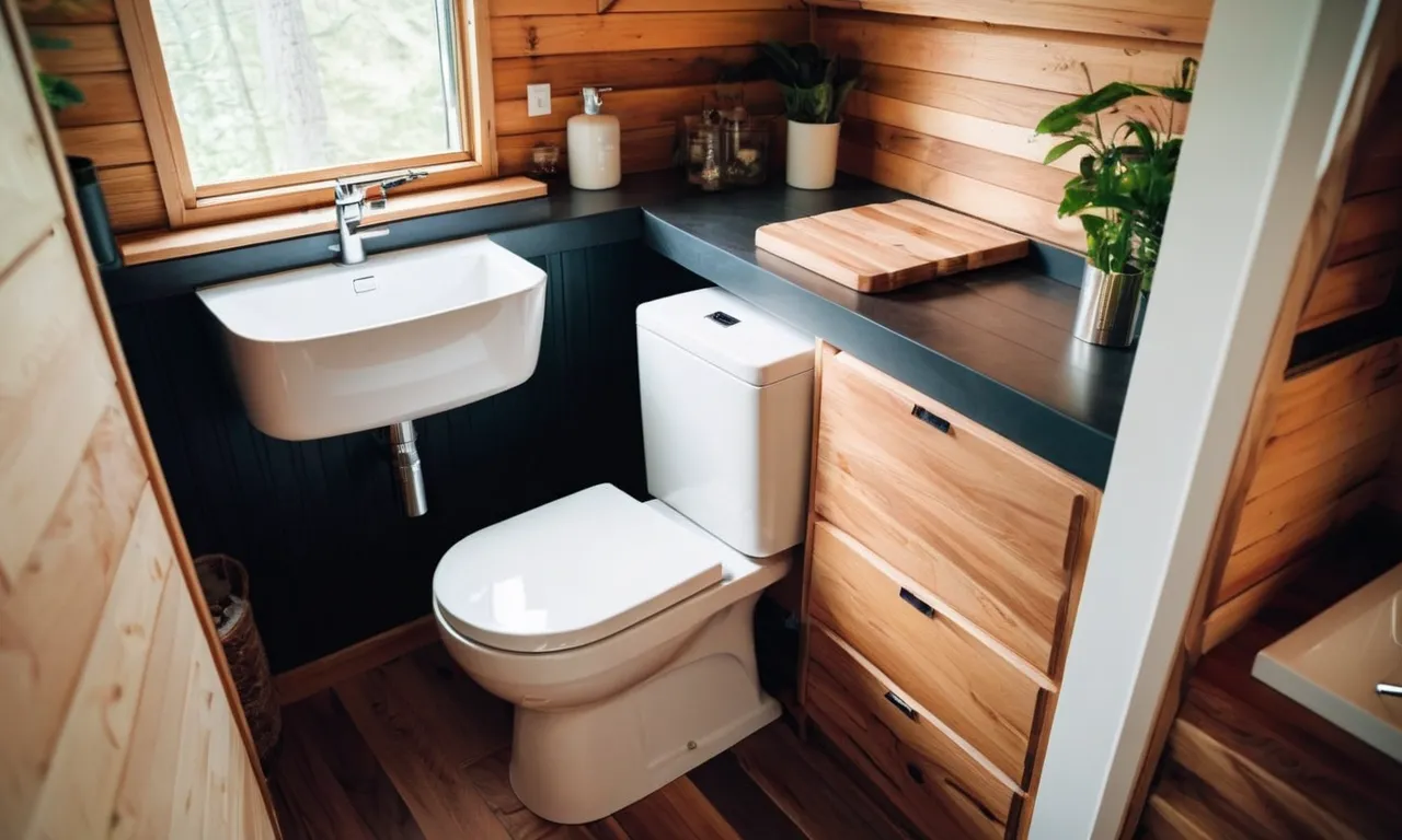 A close-up shot of a sleek, compact composting toilet nestled in the corner of a beautifully designed tiny house bathroom, showcasing its efficiency and eco-friendly features.