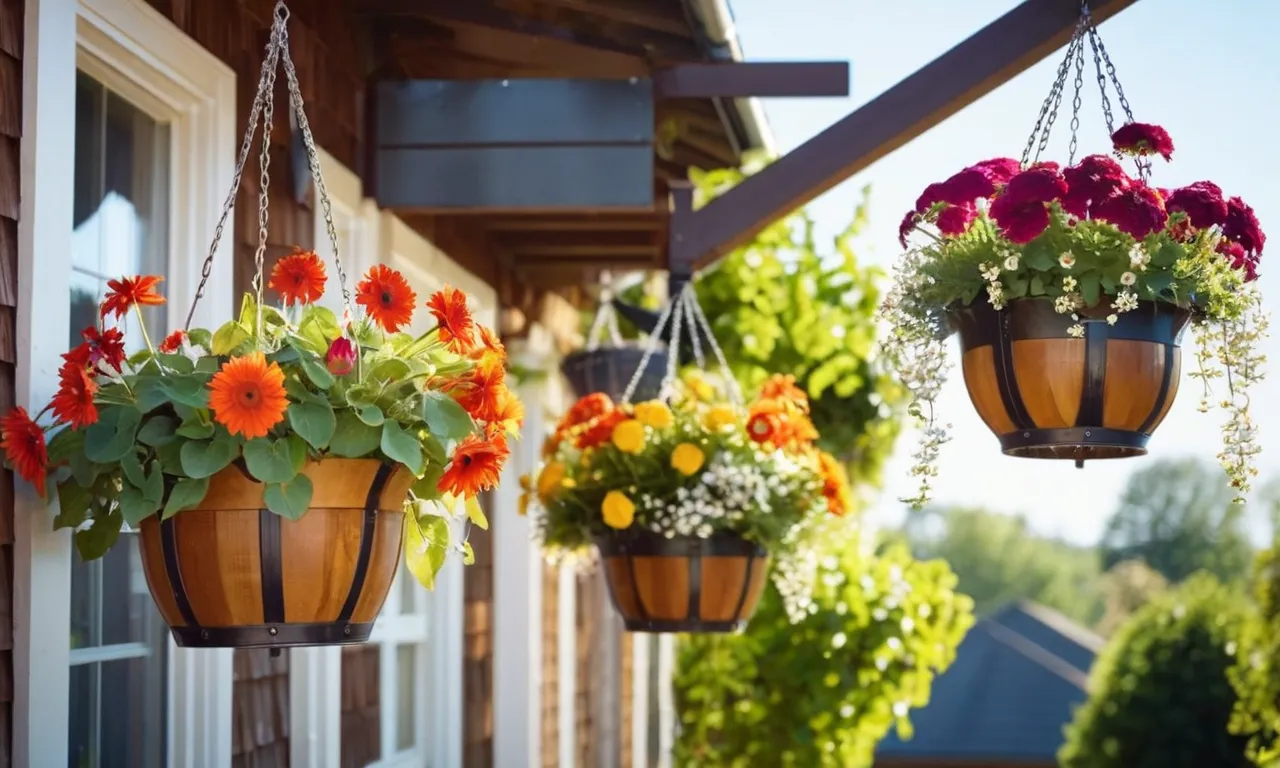 A vibrant photograph capturing a cascading display of colorful flowers in hanging baskets, basking under the warm, golden rays of full sun, creating a picturesque scene of beauty and vitality.