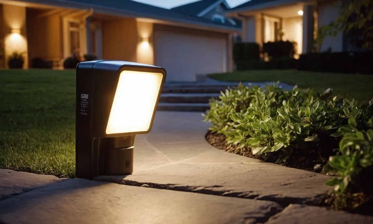 A close-up shot capturing the soft glow of a battery-operated outdoor motion sensor light, illuminating a dark pathway, adding a sense of security and enhancing the natural beauty of the surroundings.