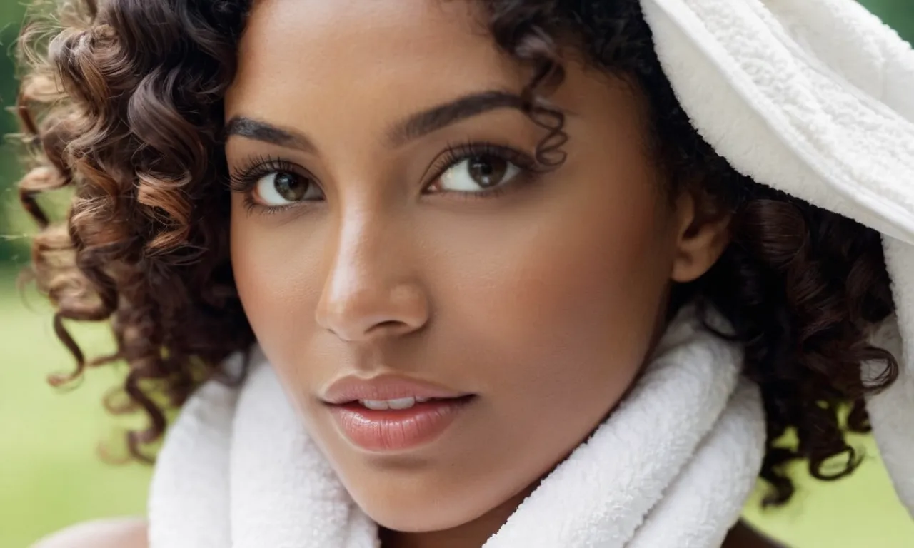 A close-up shot of a woman with beautiful, bouncy curly hair wrapped in a soft, absorbent hair towel showcasing its effectiveness and suitability for curly hair types.
