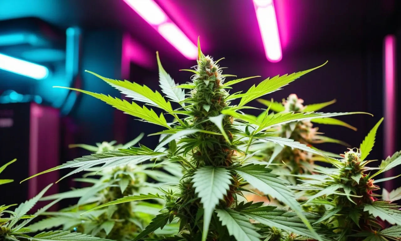 A vibrant photo showcasing a lush cannabis plant bathed in the intense glow of the best LED grow lights, highlighting its healthy growth and promising bud production.