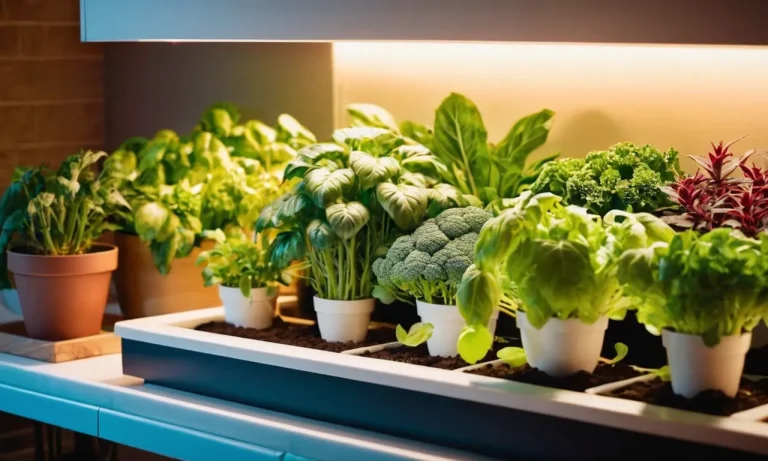 A vibrant image capturing a lush indoor garden bathed in the warm glow of high-quality grow lights, showcasing thriving vegetables reaching towards the light, promising a bountiful harvest.