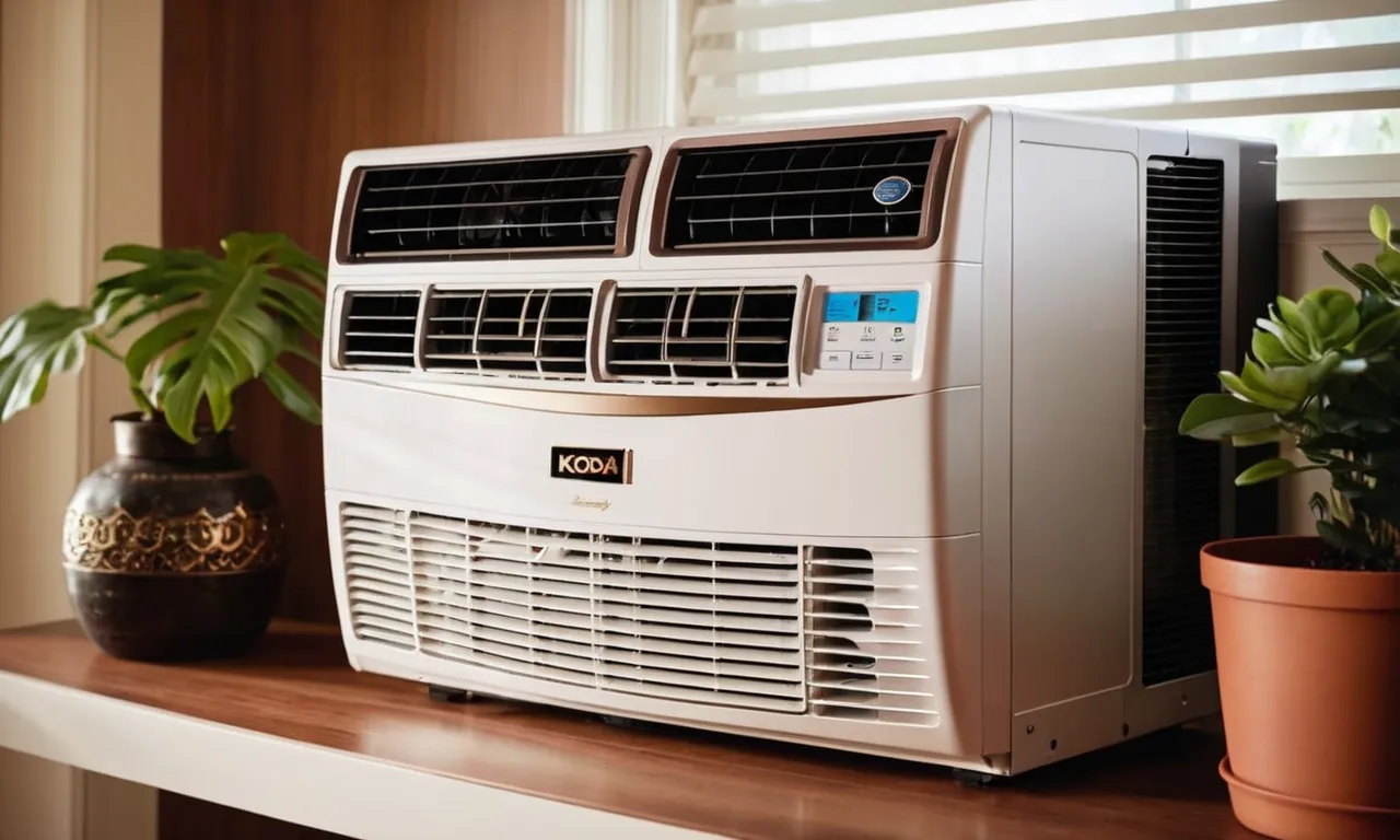 A close-up photo capturing the sleek design and energy-efficient features of the best 12000 BTU window air conditioner, providing a cool oasis amidst a backdrop of warm sunlight.