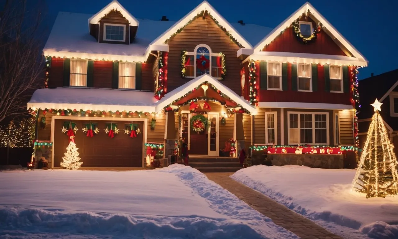 A stunning night shot of a festively decorated house, adorned with an array of vibrant outdoor Christmas lights, illuminating the surroundings and spreading holiday cheer.