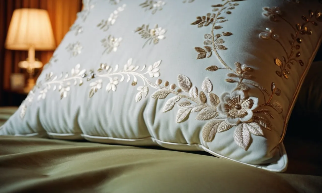 A close-up shot of a plush, perfectly fluffed pillow, adorned with delicate embroidery, showcasing its luxurious texture and promising a lasting loftiness for a peaceful night's sleep.