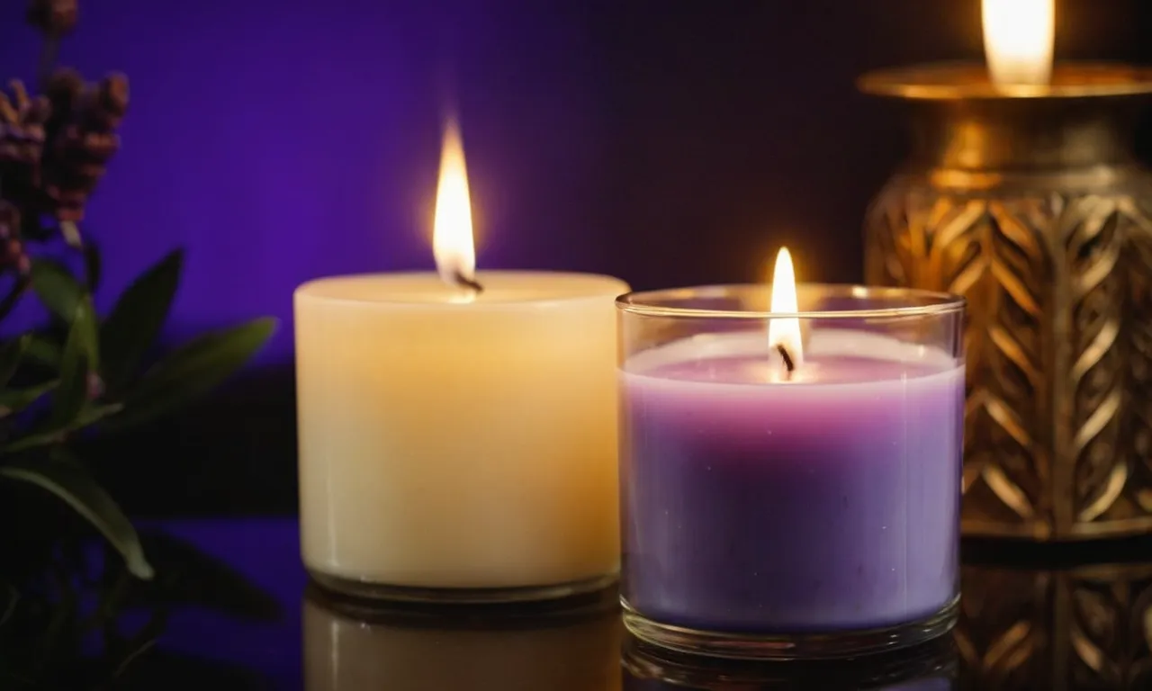 A close-up shot of a beautifully lit vanilla lavender candle from HHI Candles, emanating a soft glow and exuding a calming fragrance.