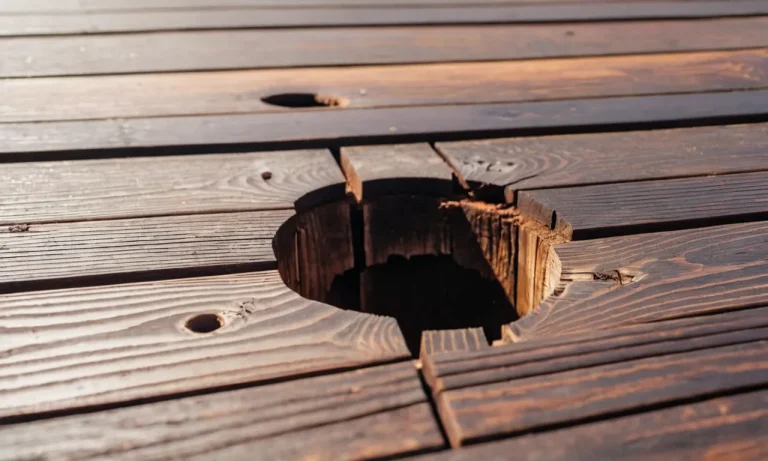 A close-up shot of a wooden deck with a large hole filled seamlessly using the best exterior wood filler, showcasing its effectiveness in blending and restoring the surface.