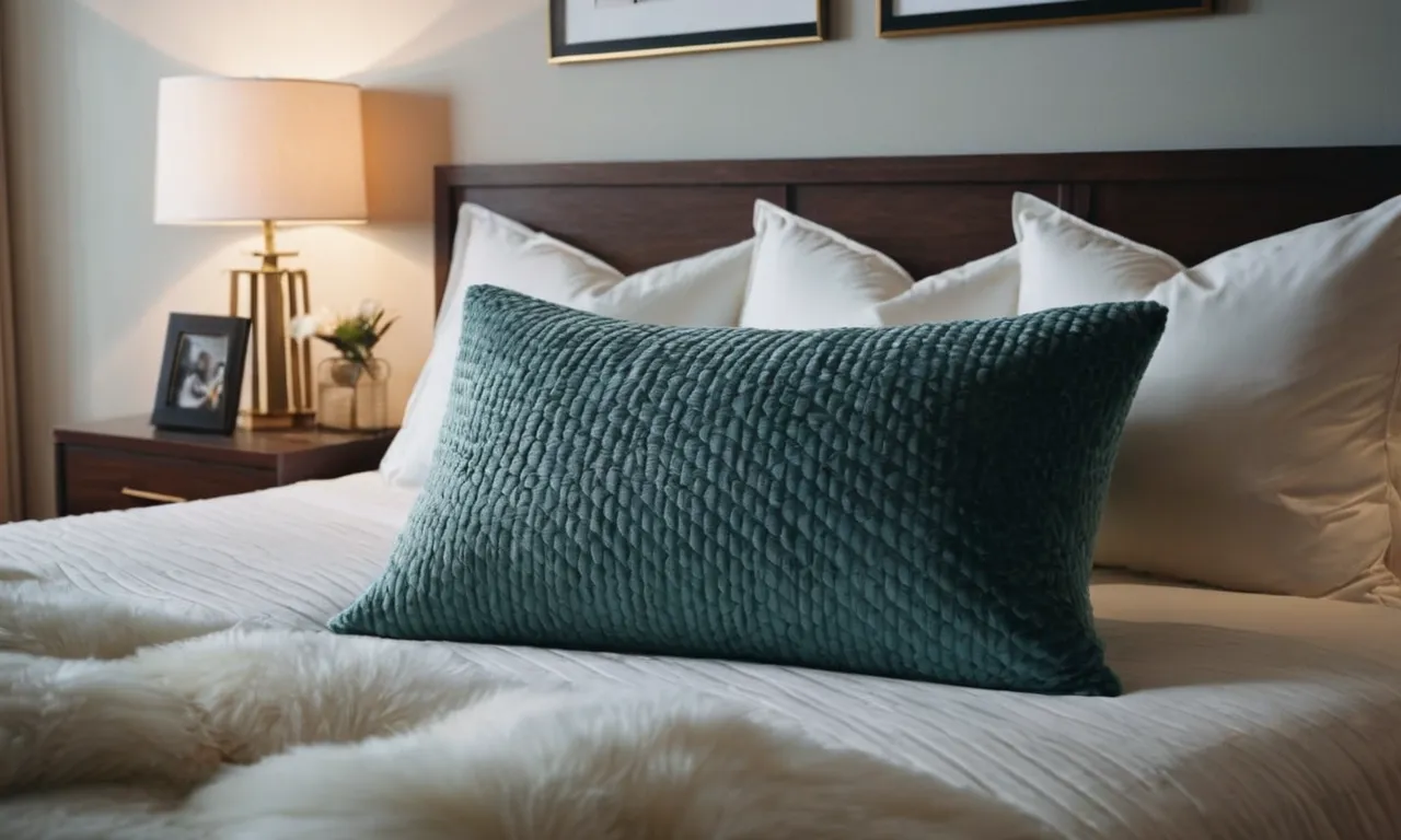 A cozy, top-down shot of a perfectly fluffed, oversized pillow adorned with soft, plush fabric, nestled against a headboard, inviting relaxation and comfort while enjoying TV in bed.