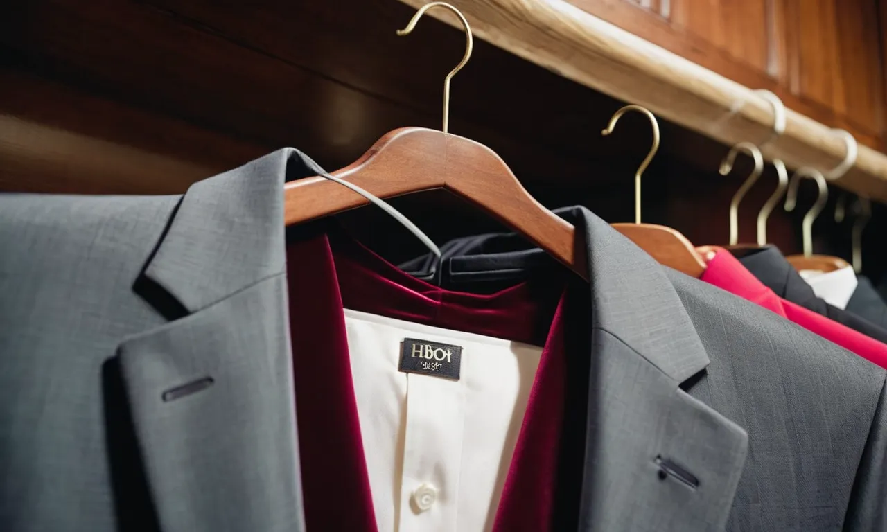 A close-up shot of a sleek, velvet hanger gently cradling a perfectly tailored suit, showcasing its no shoulder mark design.