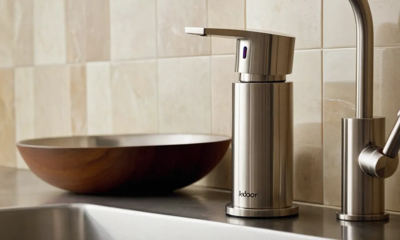 A close-up shot capturing a sleek stainless steel soap dispenser mounted on a kitchen sink, showcasing its modern design and convenient pump mechanism for easy dispensing of liquid soap.
