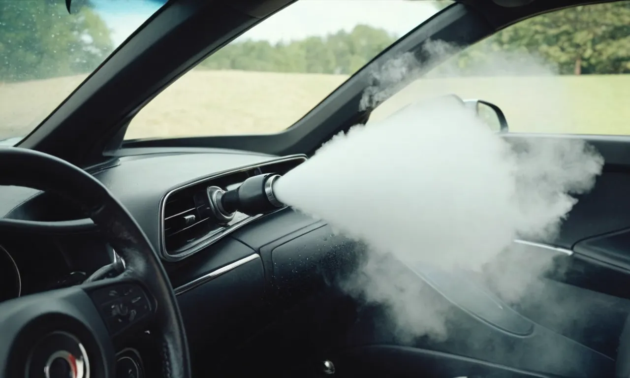 A close-up shot capturing the steam cleaner's powerful nozzle, releasing a burst of steam, deep cleaning the car's upholstery, leaving it refreshed and spotless.