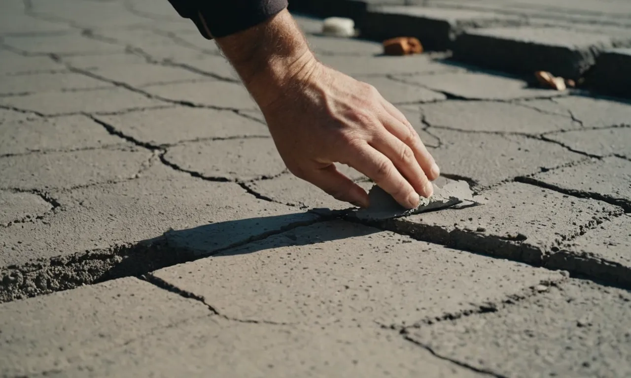A close-up shot capturing a skilled hand applying a thick and durable concrete patching compound to a large, jagged crack on a weathered pavement.