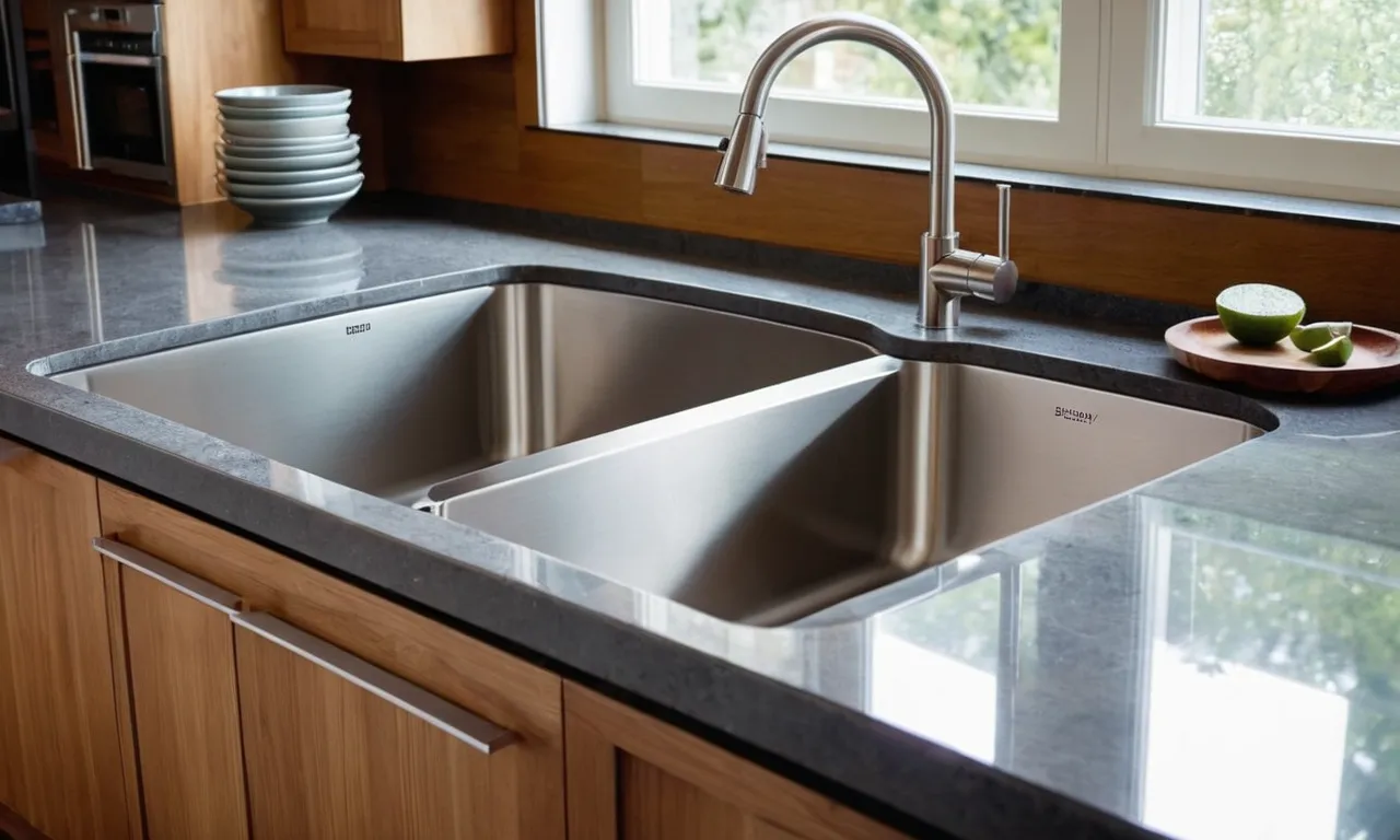 A close-up shot of a sleek and shiny stainless steel undermount kitchen sink, showcasing its seamless integration into the countertop and its durable, high-quality construction.