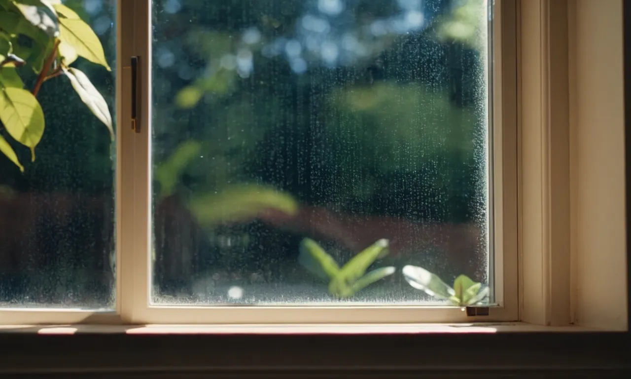 A close-up shot capturing a perfectly tinted home window, with sunlight streaming through the glass and a temperature gauge showing a significant reduction in heat levels.