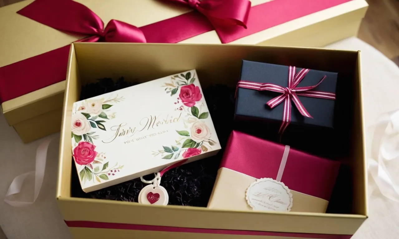 A close-up shot of a beautifully decorated gift box, adorned with ribbons and a handwritten note, showcasing a selection of thoughtful and personalized presents for a newly married couple.