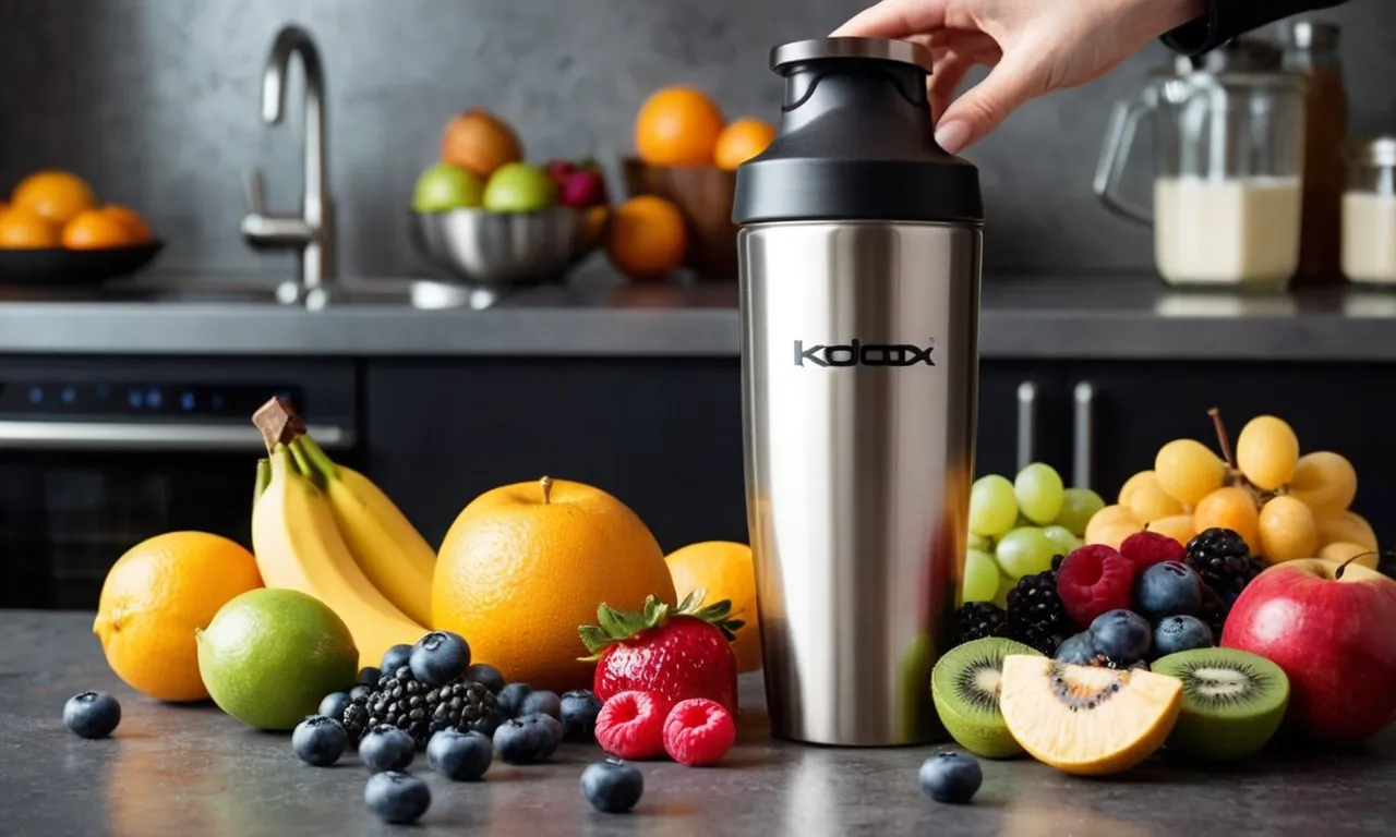 A close-up shot capturing a sleek, stainless steel blender bottle filled with a creamy protein shake, surrounded by vibrant fruits and ingredients, emphasizing freshness and health.