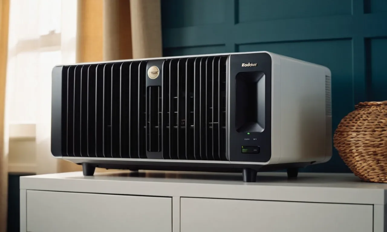 A close-up shot of a sleek and compact portable AC unit placed on a nightstand in a well-decorated bedroom, providing a cool and comfortable environment for a peaceful night's sleep.