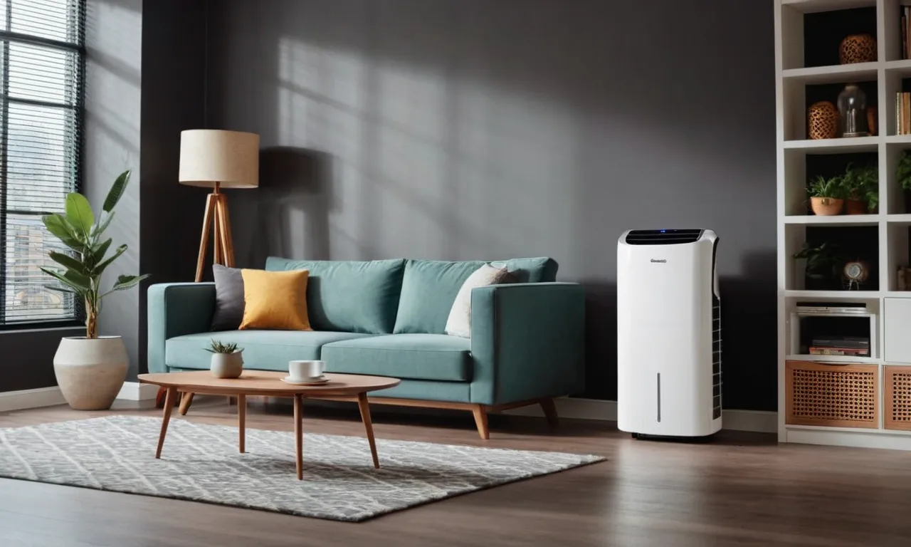 A photo showcasing a sleek, compact portable air conditioner placed strategically in a modern apartment, providing a cool and comfortable environment amidst the sweltering summer heat.