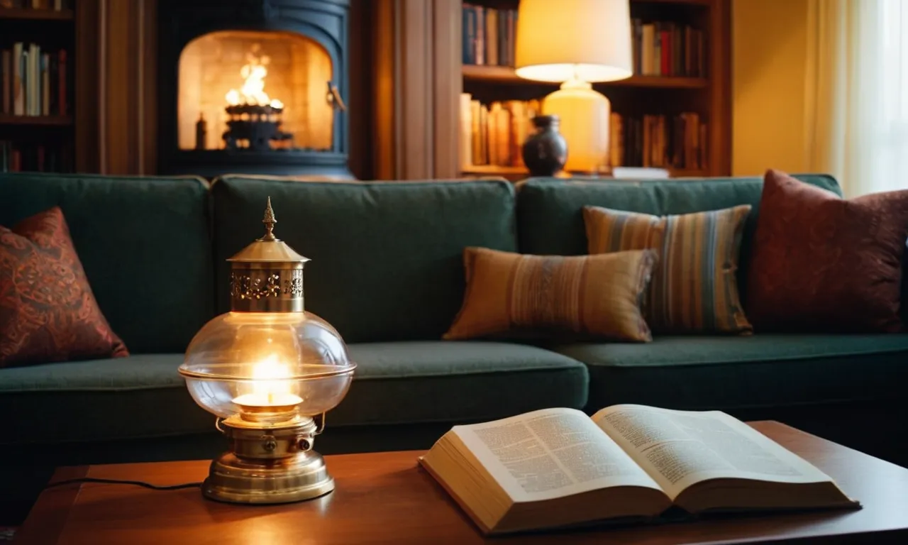 A beautifully lit, cozy living room with a warm glow emanating from an elegant oil lamp sitting on a mantelpiece, casting a gentle light on nearby books and comfortable seating.