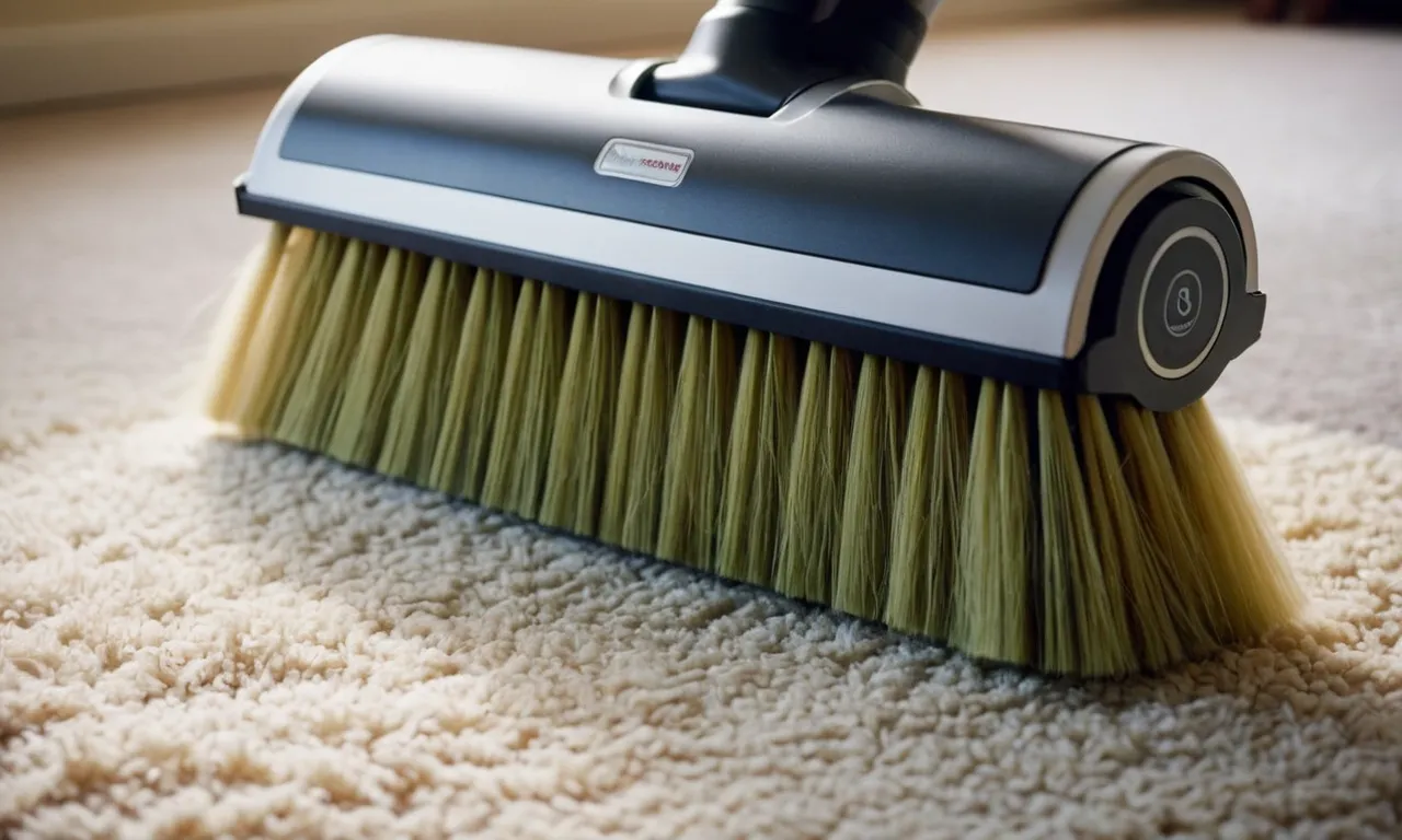 A close-up photo capturing a vacuum cleaner's brush roll covered in pet hair and allergens, showcasing its powerful suction and effectiveness in removing pet hair and allergens from carpets and upholstery.