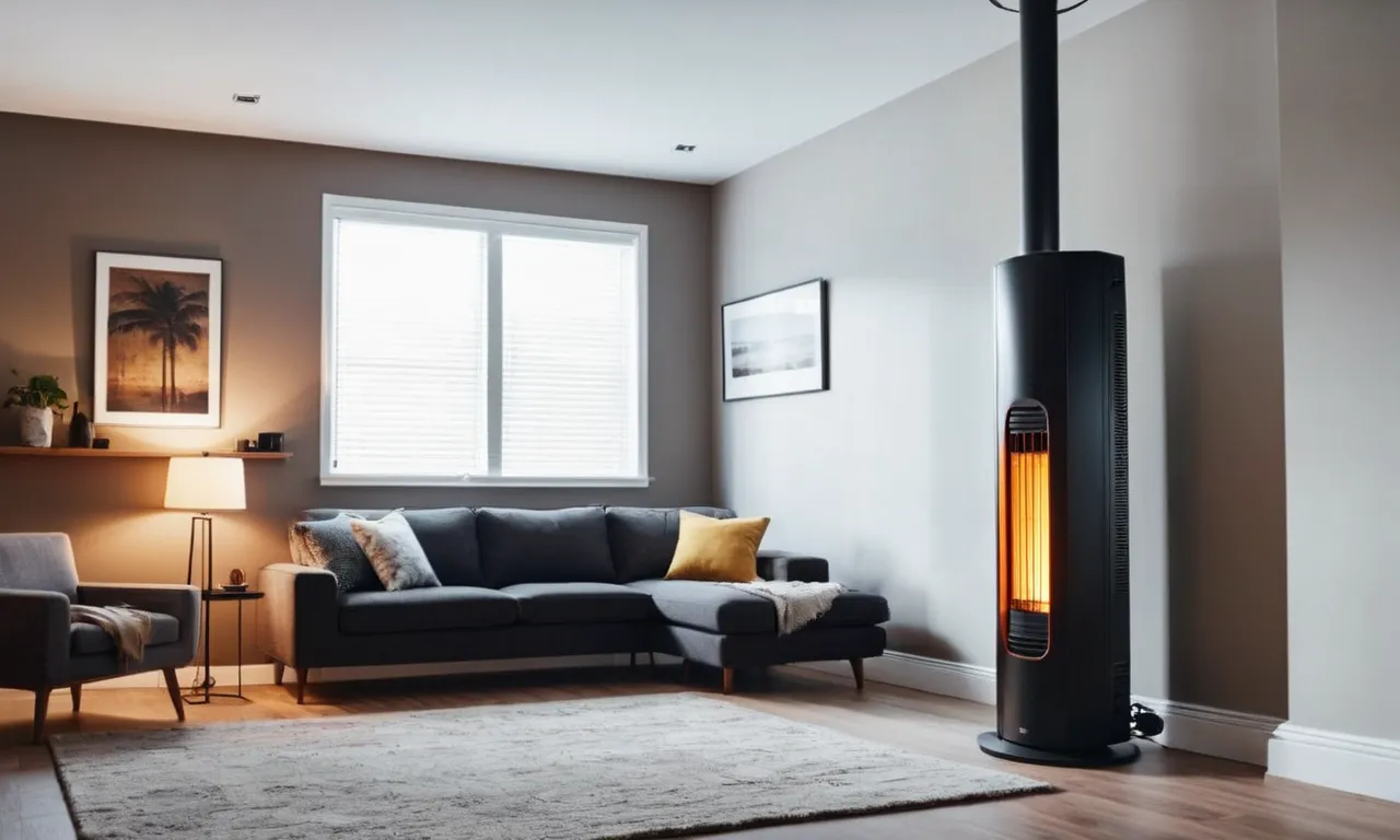 A well-lit photo showcasing a sleek and powerful oil heater standing tall in the corner of a spacious living room, radiating warmth and comfort throughout the large space.