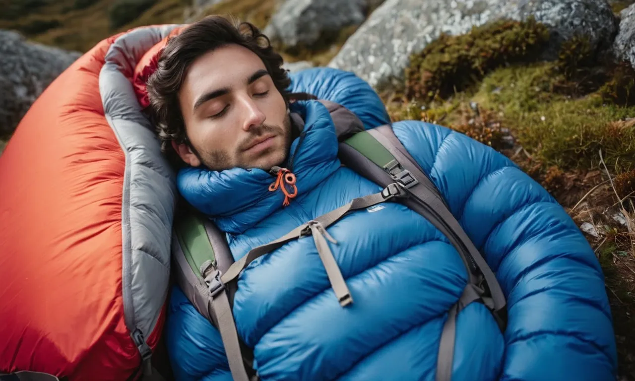 The photo captures a hiker nestled in a cozy sleeping bag, lying on their side with a serene expression, their head supported by a compact, plush backpacking pillow.